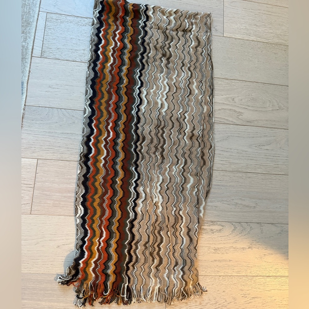 MISSONI Laine Wool Zig Zag Fringe Trim Scarf Multicolor